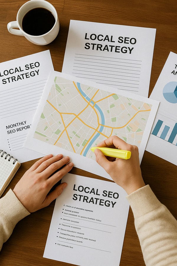 SEO strategist mapping out a local SEO plan with documents and notes.