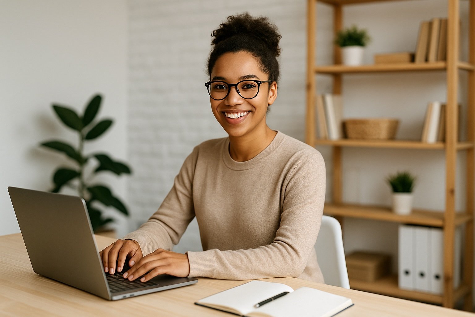 Young woman with glasses smiling at laptop in cozy office.