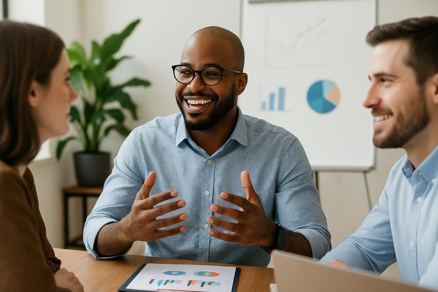 Three professionals having a lively discussion at a conference table, with charts and graphs in the background.