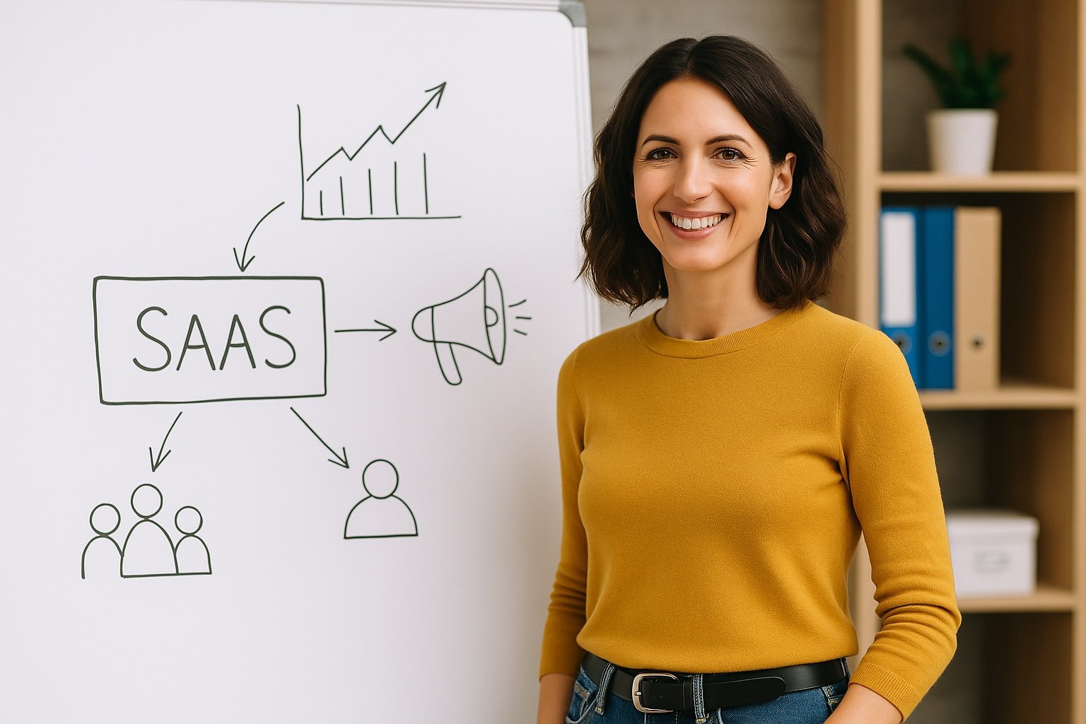 Woman smiling by a SaaS marketing flowchart in modern office.