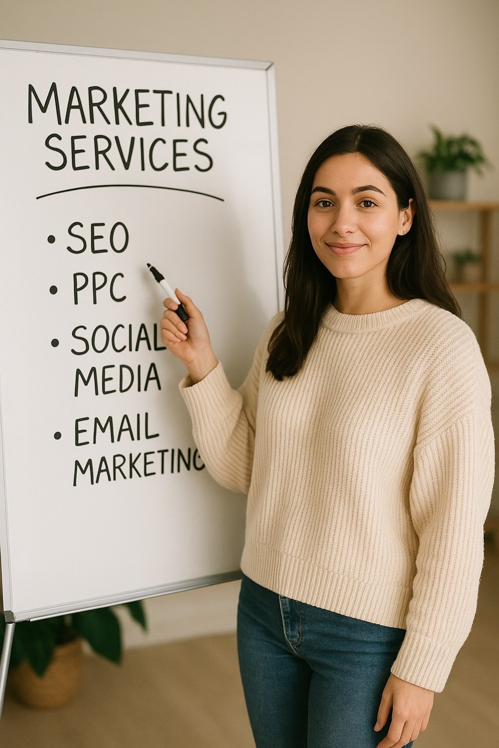 Woman smiling by whiteboard listing marketing services like SEO, PPC, social media, and email.