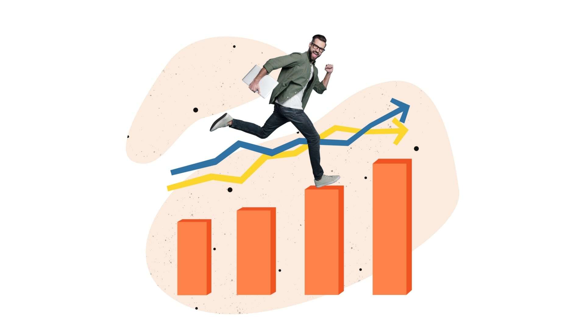 Excited businessman running up a growing bar graph with upward arrows in the background, symbolizing success with account-based marketing in HubSpot.